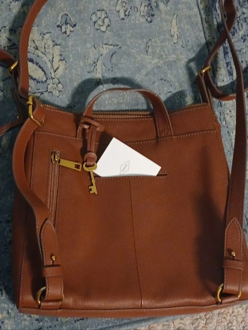 FOSSIL - NEW Genuine Brown Pebbled Leather Crossbody Tote / Convertible Backpack - Picture 5 of 10